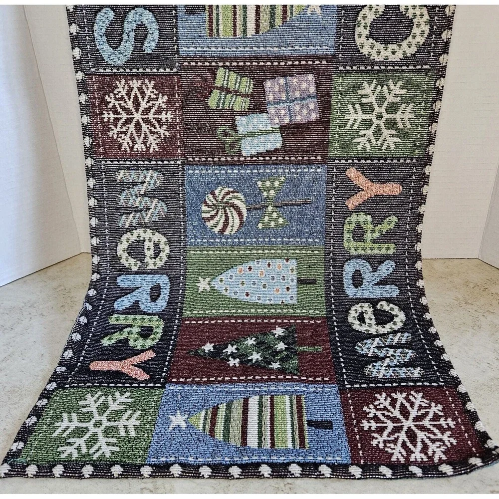Merry Christmas Table Runner Tapestry Holiday Trees Gifts Snowflakes 68